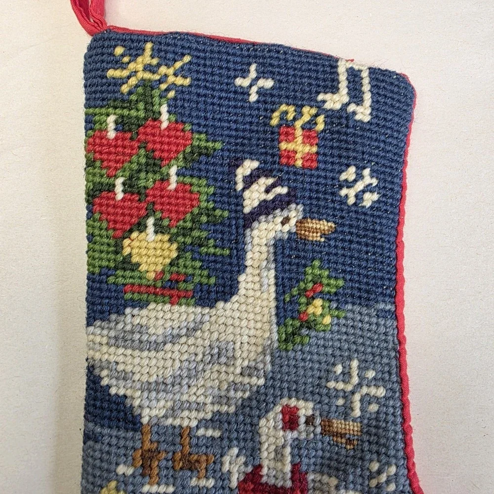 Lot 2 Vintage Small Size needlepoint christmas stockings Geometric‎ & Geese